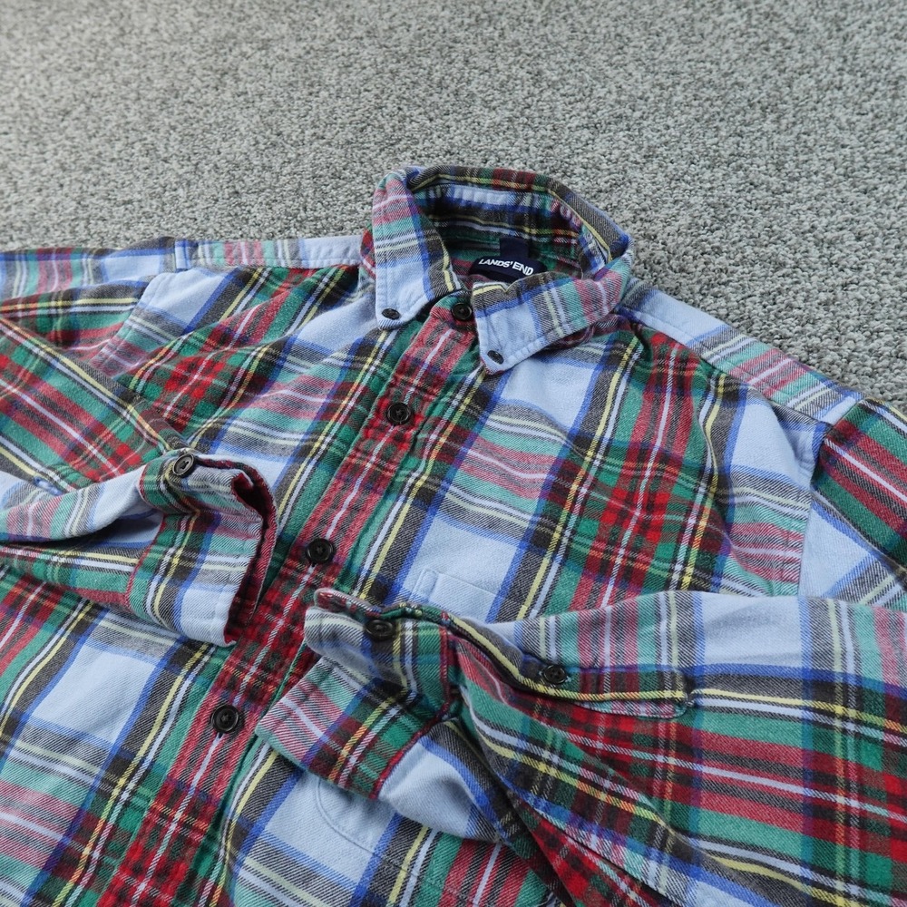 Lands End Shirt Mens M Blue Plaid Chamois Flannel Button Up Long Sleeve Outdoor